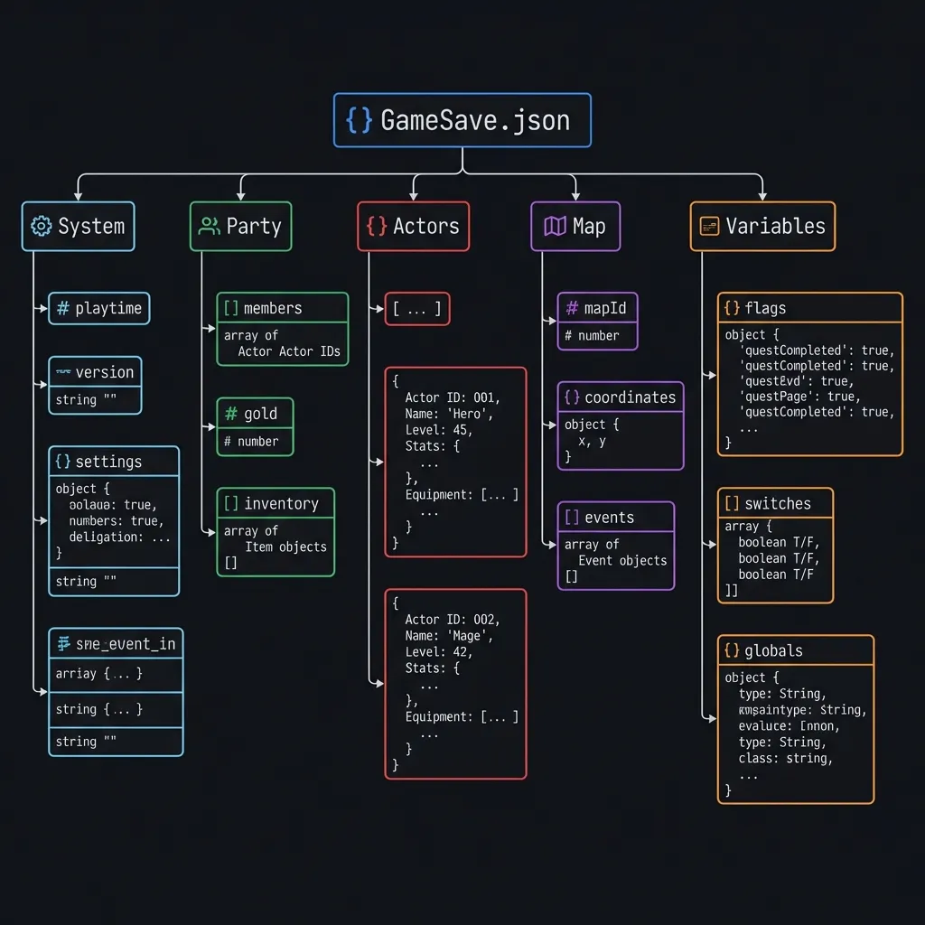 Diagram visualizing RPG Maker JSON save file structure with System, Party, Actors and Map nodes
